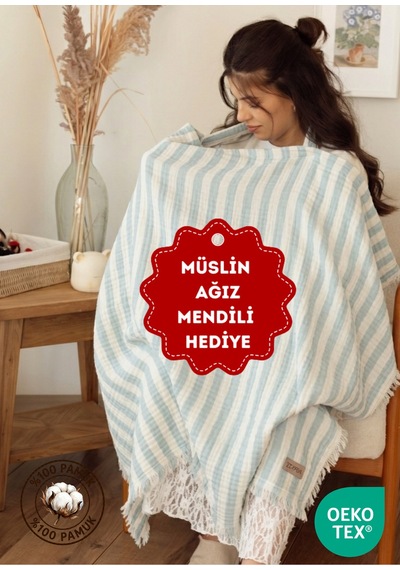 Zeypba 4 Katlı Müslin Emzirme Örtüsü & Müslin Puset Örtüsü Müslin Örtü Püsküllü Mavi Çizgili