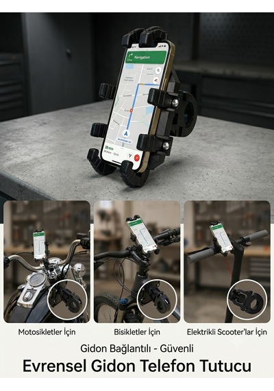 H110 Motosiklet Bisiklet Telefon Tutucu 8 Noktalı 360 E-scooter Uyumlu Gidona Bağlantılı Siyah