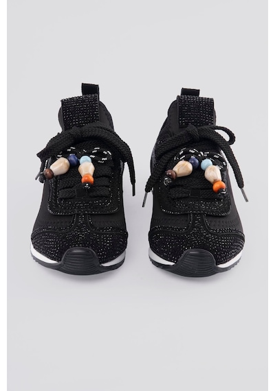 Mubiano Kadın Sneaker Düz Taban Taşlı Boncuk Detaylı Streç Spor Ayakkabı Zyra Siyah Siyah