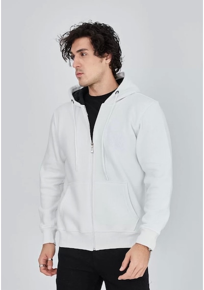 Unisex Tam Fermuarlı Kapşonlu Sweatshirt - Beyaz Beyaz