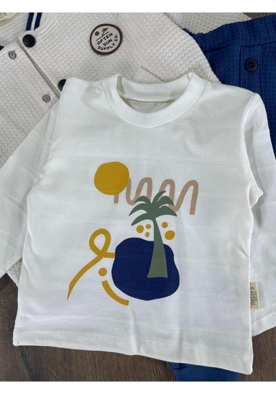 Bebicix Palmiye Baskılı Badili 3 Lü Erkek Bebek Kolej Takım Safir Mavi