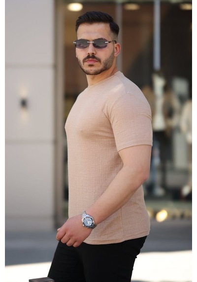 Veraura Lifestyle Erkek Ağaç Kabuğu Desenli Kısa Kollu T-shirt bej