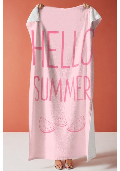 Hello Summer Yazılı Karpuz Temalı Pembe Plaj Havlusu - Tropikal Modern Pastel Banyo Sahil Örtüsü Çok Renkli