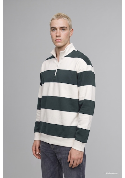 Defacto Boxy Fit Dik Yaka Yarım Fermuarlı Çizgili Sweatshirt C7045ax26augn498 Yeşil-gn498