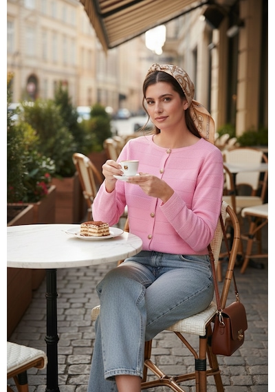 Lela Premium Regular Fit Bisiklet Yaka Düğmeli Dokulu Triko Bayan Hırka 680Hi00337 Şeker Pembe