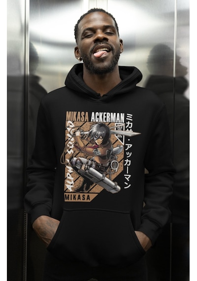 Sevbano Mikasa Ackerman Attack On Titan Baskılı Unisex Oversize Anime Kar Siyah