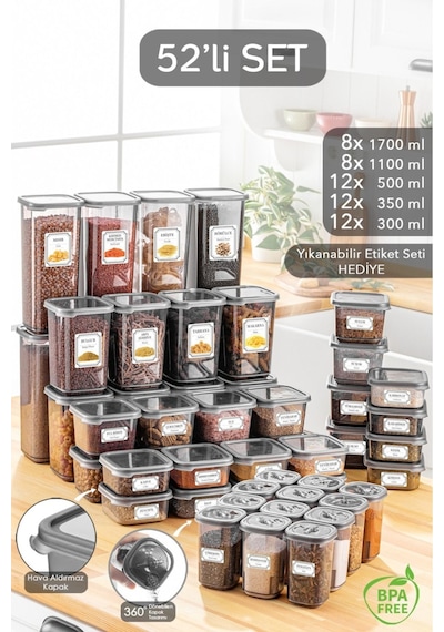 Meleni Home 52 Parça Mega Seti Kare Saklama Kabı 12x 300ML 500 ML 8x 1100ML 1700ML