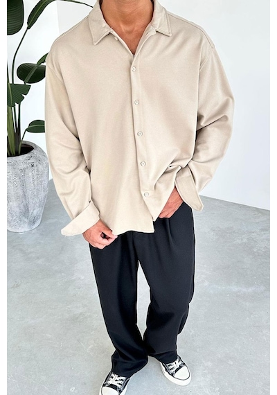 Bej Basic Oversize Gabardin Gömlek Bej