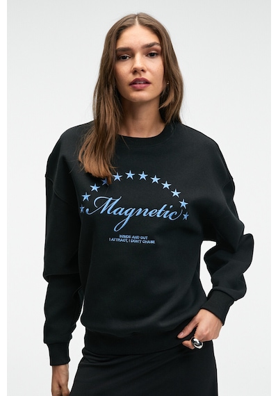 Grımelange VISTARA Kadın Nakış Detaylı Yuvarlak Yaka Regular Fit Siyah Sweatshirt
