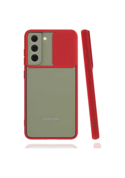 Noktaks - Samsung Galaxy Uyumlu S22 - Kılıf Slayt Sürgülü Arkası Buzlu Lensi Kapak - Kırmızı
