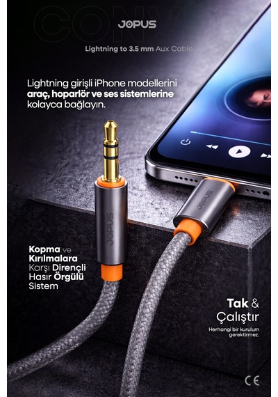 Jopus 11 12 13 14 Pro Max Serisi Uyumlu Lightning Örgülü Aux Kablosu, İphone Aux Tak Çalıştır, 1m Ja-05