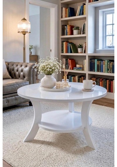 Orta Sehpa Beyaz 75 Cm Çap - Mdf Ayak 46 Cm Yükseklik Modern Orta Sehpa Beyaz