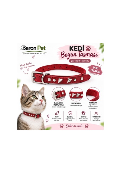Perçin Süslemeli Deri Kedi Boyun Tasması Ayarlanabilir Metal Tokalı - Kırmızı