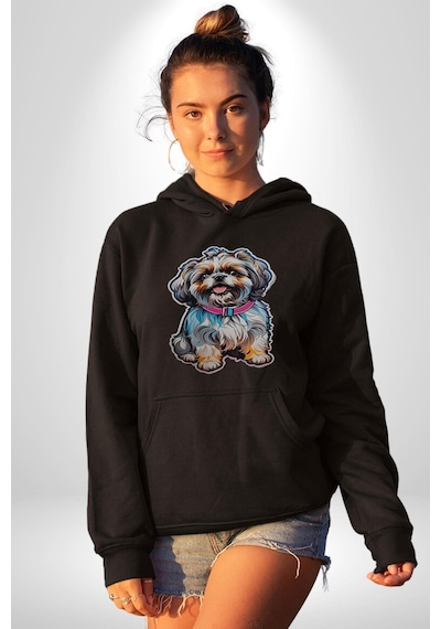 Shih Tzu Renkli Köpek Kadın Erkek Siyah Kapüşonlu Sweatshirt Hoodie Siyah