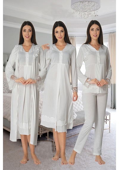 Effort Pijama Effort Kadın Ekru Lohusa Hamile Gecelik Pijama Takımı Sabahlık 4'lü Set 2426 Ekru