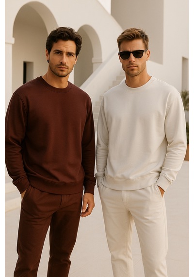 Rich Erkek 2'li Paket Kahverengi - Krem Bisiklet Yaka Scuba Basic Sweatshirt Kahverengi