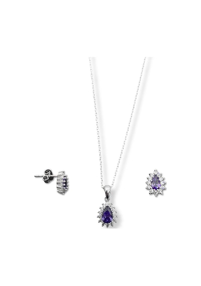 Oya Silver Minimal Ametist Taşlı Damla Gümüş Kadın Kolye Küpe Set