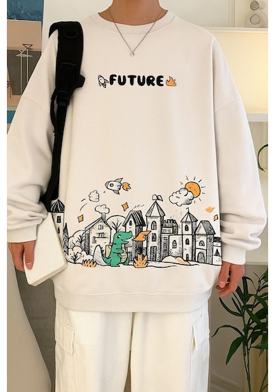Benroma 3 İplik Penye Future Baskılı Unisex Sweatshırt Beyaz
