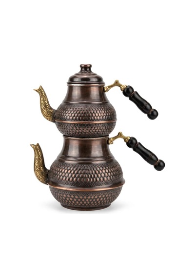 Aura Copper El İşlemeli Bakır Çaydanlık Seti 1 Mm Üst 850-950 Ml Alt 1850-1950 Ml 27 Cm Oksitli Bakır