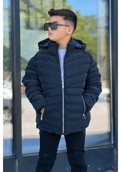 Pina Kids Erkek Çocuk Çıkarılabilir Kapüşonlu Sık Dikişli Nova Kumaş Kışlık Şişme Mont Km4016 Lacivert