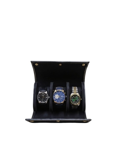 3 Lü Deri Saat Kutusu Silindir Tasarım Taşınabilir Saat Saklama Organizer 24x11x7 Cm Taba Siyah