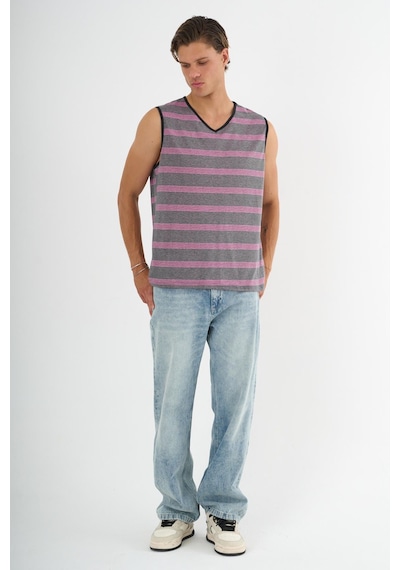 V Yaka Çizgili Kolsuz T-shirt Pembe