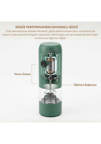 Pizen Windmill Usb Şarjlı Otomatik Baharat Öğütücü Led Işıklı Ayarlanabilir Tuz Karabiber Değirmeni Yeşil
