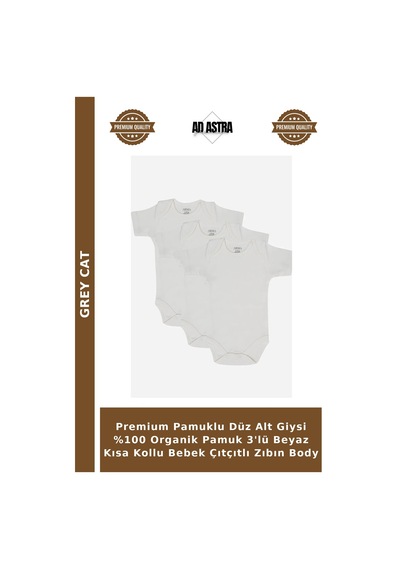 Grey Cat Premium Pamuklu Düz Alt Giysi %100 Organik Pamuk 3'lü Beyaz Kısa Kollu Bebek Çıtçıtlı Zıbın Body Beyaz-3