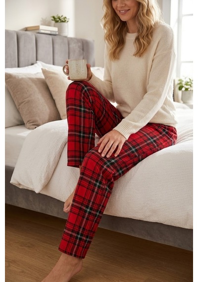 Mataş Kadın Ekose Desenli Pijama Altı Lastikli Bel Ev Giyim Pantolonu Kırmızı