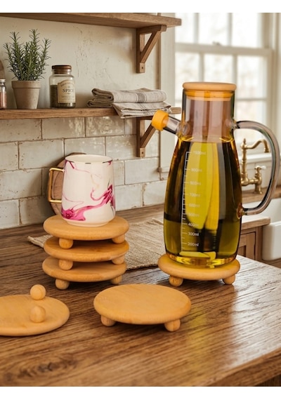 Mucit Home 1 Adet Top Ayaklı Ahşap Yağdanlık Altlığı Bardak Ve Dekoratif Stand Açık Kahverengi