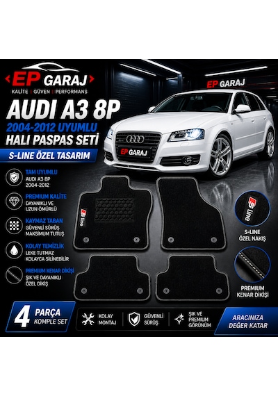 Audi A3 8p 2004 2012 Uyumlu Halı Paspas Seti 4 Parça S-lıne Kalın Tip