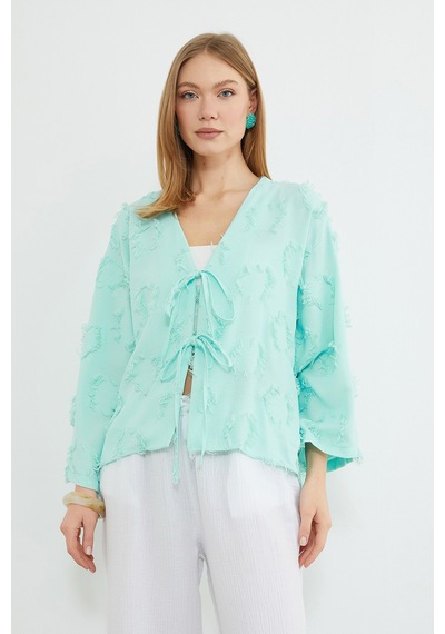 Fullamoda Püsküllü Önü Bağlamalı Salaş Kimono Mint Yeşili