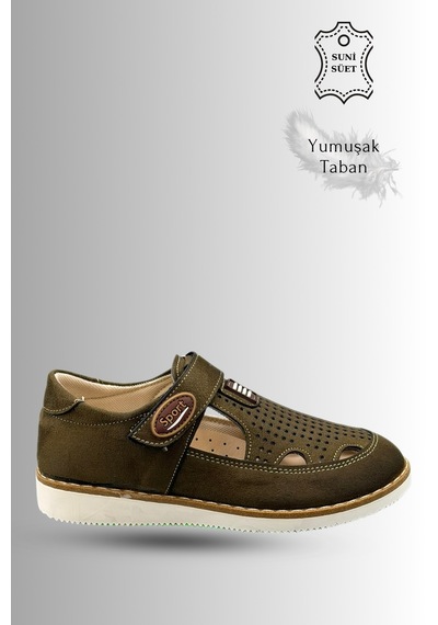 Sermoda Çocuk Sandalet - Cırtlı Süet Yumuşak Taban Erkek Çocuk Sandalet Haki