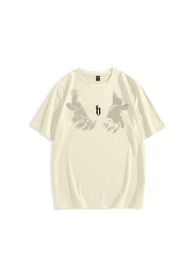 Erkek El Baskı Oversize Bej Baskılı T-shirt - Bisiklet Yaka Kısa Kol Rahat Kalıp Tişört Bej