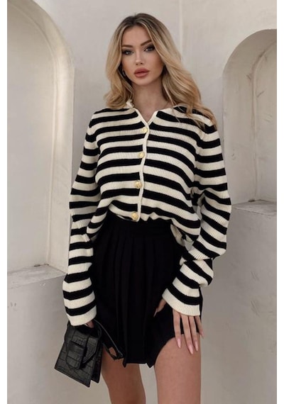 Madmext Bej Çizgili Bisiklet Yaka Gold Düğme Detaylı Cotton Hırka Mg1605 Bej