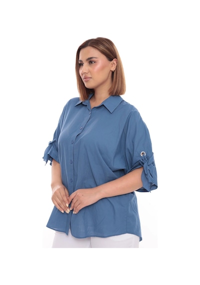 Lady Majestic Cotton Büyük Beden Kadın Pamuklu Gömlek Rahat Kesim, Düğmeli, Volan Kol Detaylı Mavi Lady Majestic Cotton Büyük Beden Kadın Pamuklu Gömlek Rahat Kesim, Düğmeli, Volan Kol Detaylı Mavi