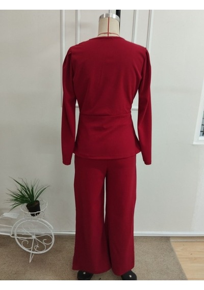 Butik İstanbul Kadın Uzun Kollu Kruvaze Yakalı Yan Tarafı Taşlı Ithal Krep Bluz Ve Pantolon Ikili Takım Kırmızı