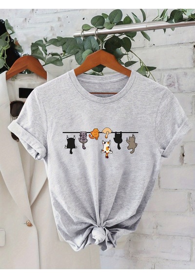 Uyguntarz Unisex Yaramaz Kediler Baskılı Tasarım Tshirt Gri