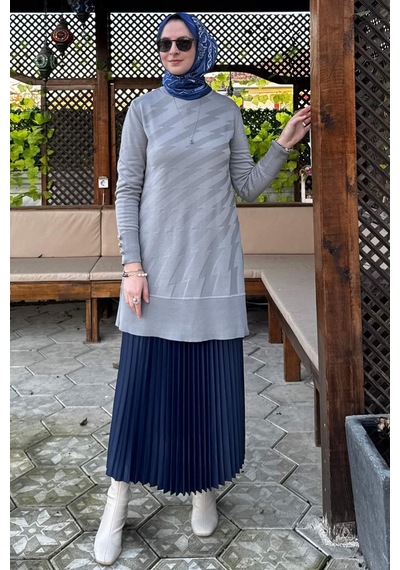 Rabia Şamlı Bilge Triko Tunik Gri Çok Renkli