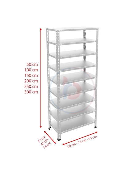 Raf Burada  9 Katlı Galvaniz Çelik Raf - Depo, Arşiv, Kiler, Dosya, Market Rafı-31x60 cm-150 cm-0.70 mm