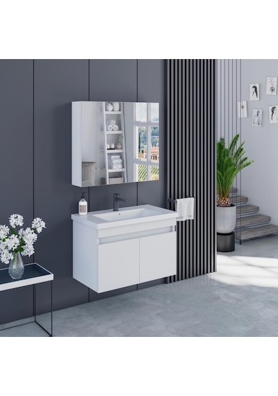 Banyo Dolabı 80 Cm İcon Ayna Dolaplı Alt Üst Modül Ve Seramik Lavabo Quarterbath Beyaz Banyo Dolabı 80 Cm İcon Ayna Dolaplı Alt Üst Modül Ve Seramik Lavabo Quarterbath Beyaz