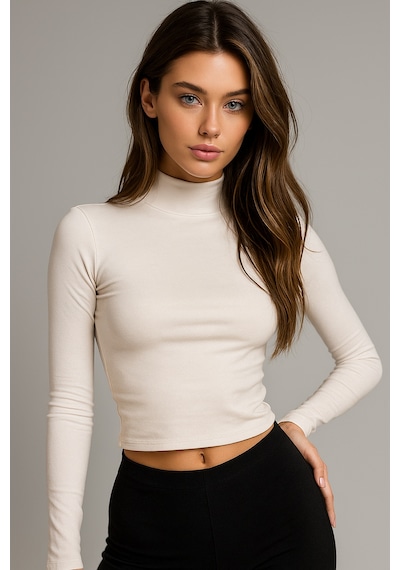Rich Kadın Ekru Yarım Balıkçı Yaka Uzun Kollu Crop Bluz Ekru