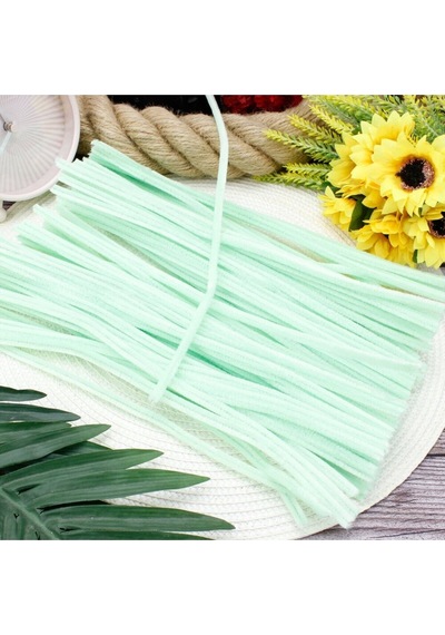 25 Adet Su Yeşili Şönil, Çiçek Yapımına Uygun Mint Yeşil Tüylü Tel, 30 Cm 6mm