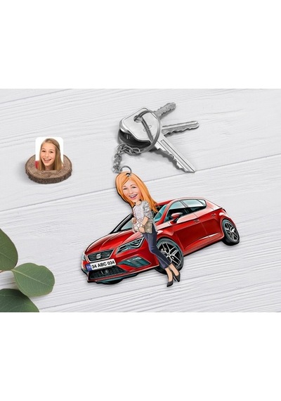 Kişiye Özel Bayan Seat Leon Kırmızı Figürlü Plakalı Ahşap Karikat (476913035)