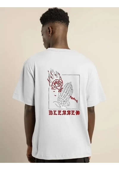 Unisex Bisiklet Yaka Oversize Baskılı T-shirt - Beyaz Beyaz