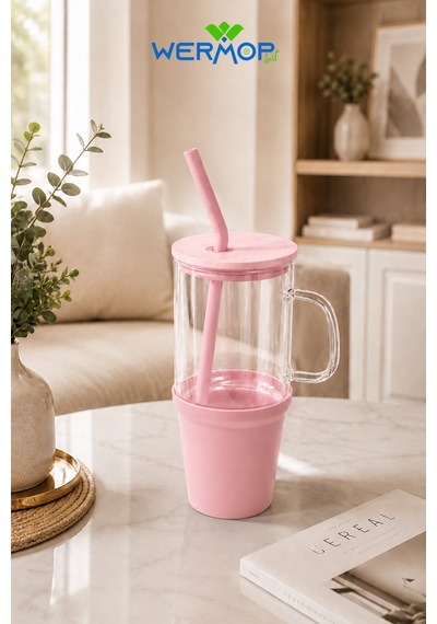1000 Ml Cam Big Mug Bambu Kapaklı Çelik Pipetli Büyük Boy Kupa Termos Açık Pembe