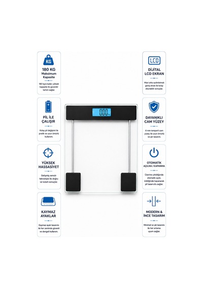 180 Kg Dijital Cam Baskül Lcd Ekranlı Hassas Vücut Tartısı Sıcaklık Göstergeli Elektronik Banyo Tartısı Beyaz