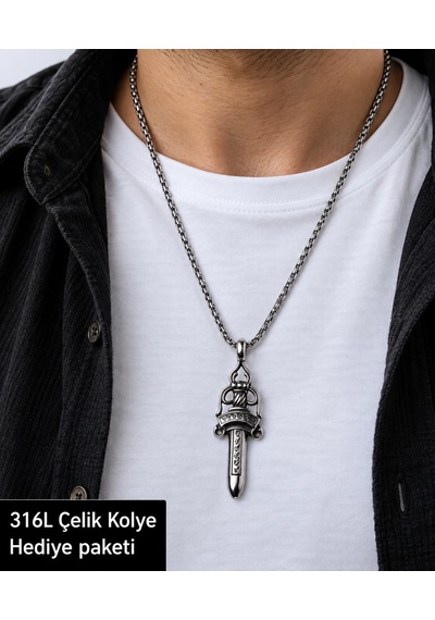316l Çelik İşlemeli Figürlü Erkek Kolye Gümüş Renk Uzun Zincirli Tasarım Altın - Gümüş