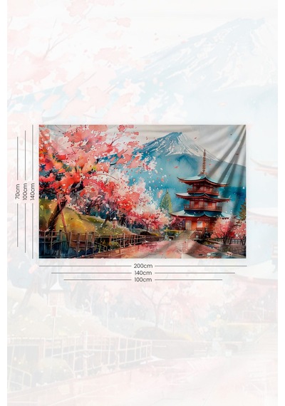Sakura Ve Pagoda Desenli Duvar Halısı Duvar Örtüsü Tapestry Süet Dokulu Kumaş