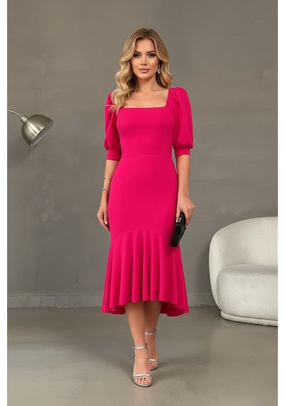 Zedefx Kadın Kare Yaka Şık Elbise Pembe